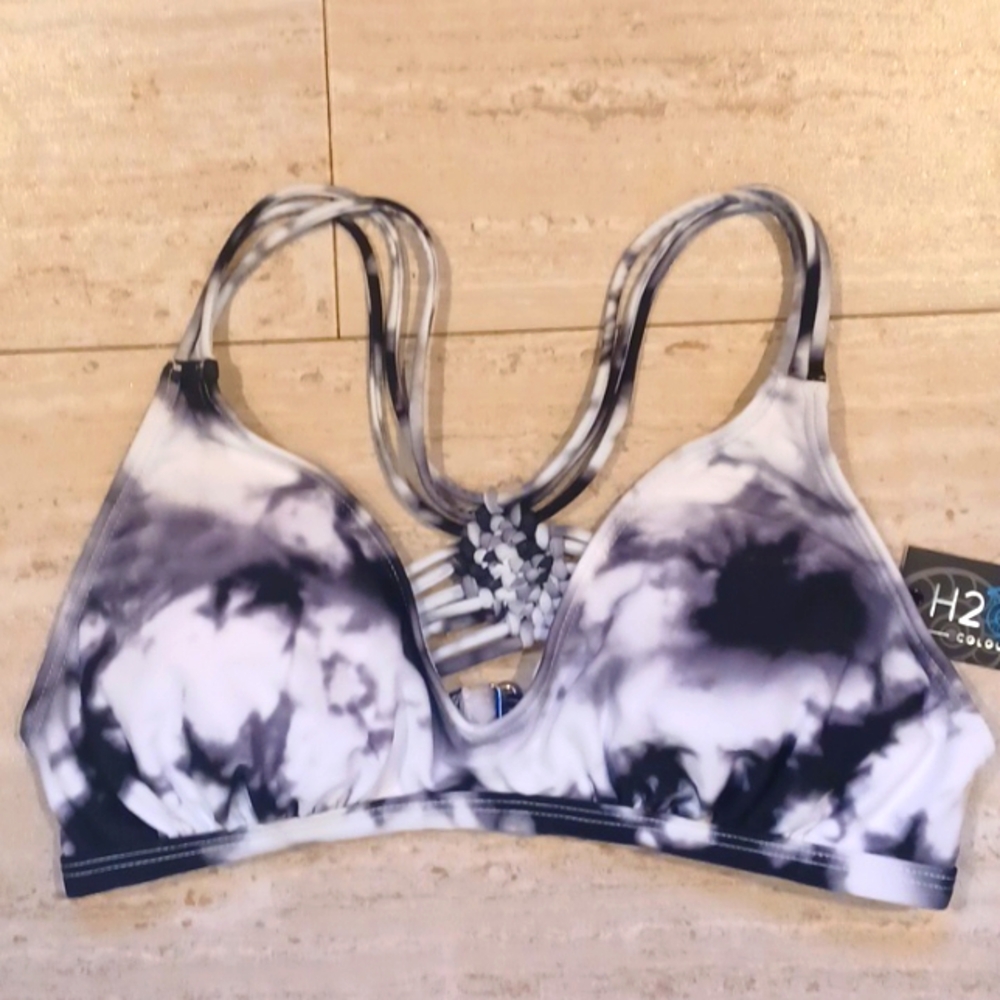 New H2OH Colours Black/White Tie Dye Strappy Bikini Top